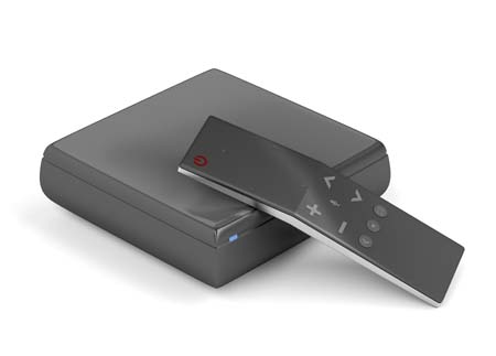 Streaming media player with remote control on white background